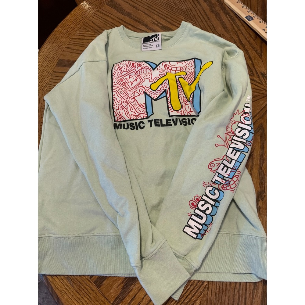 MTV Music Television Mint Green Graphic Sweatshirt XS Pullover 2021 Viacom